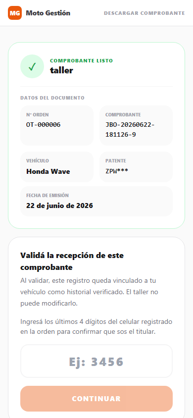 Pantalla de comprobante verificable — MotoGestión